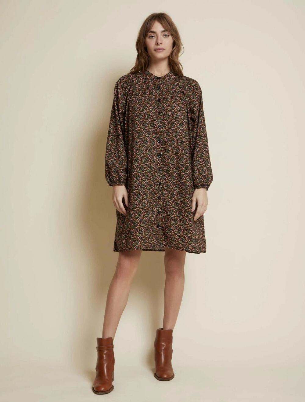 Nation LTD Floral Long Sleeve Button-Front Round Neck Mini Dress Black Women's S